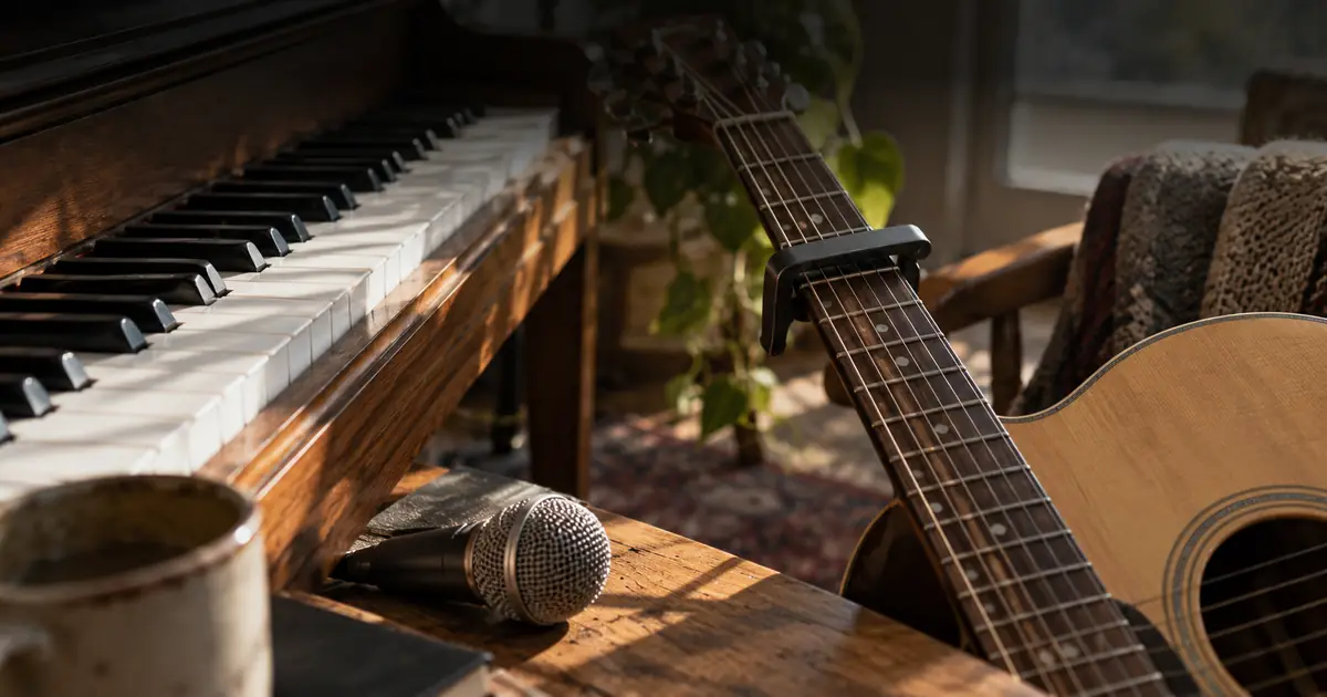 Piano keyboard beside an acoustic guitar with a capo and a microphone on a sunlit wooden table