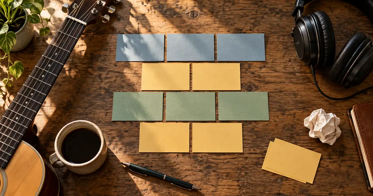 Blank colored songwriting cards arranged in repeating sections beside a guitar and headphones