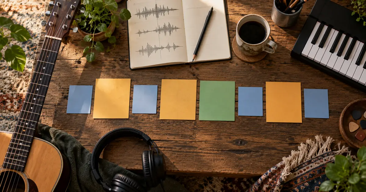 Blank arrangement cards of different colors beside a guitar, keyboard and songwriting notebook