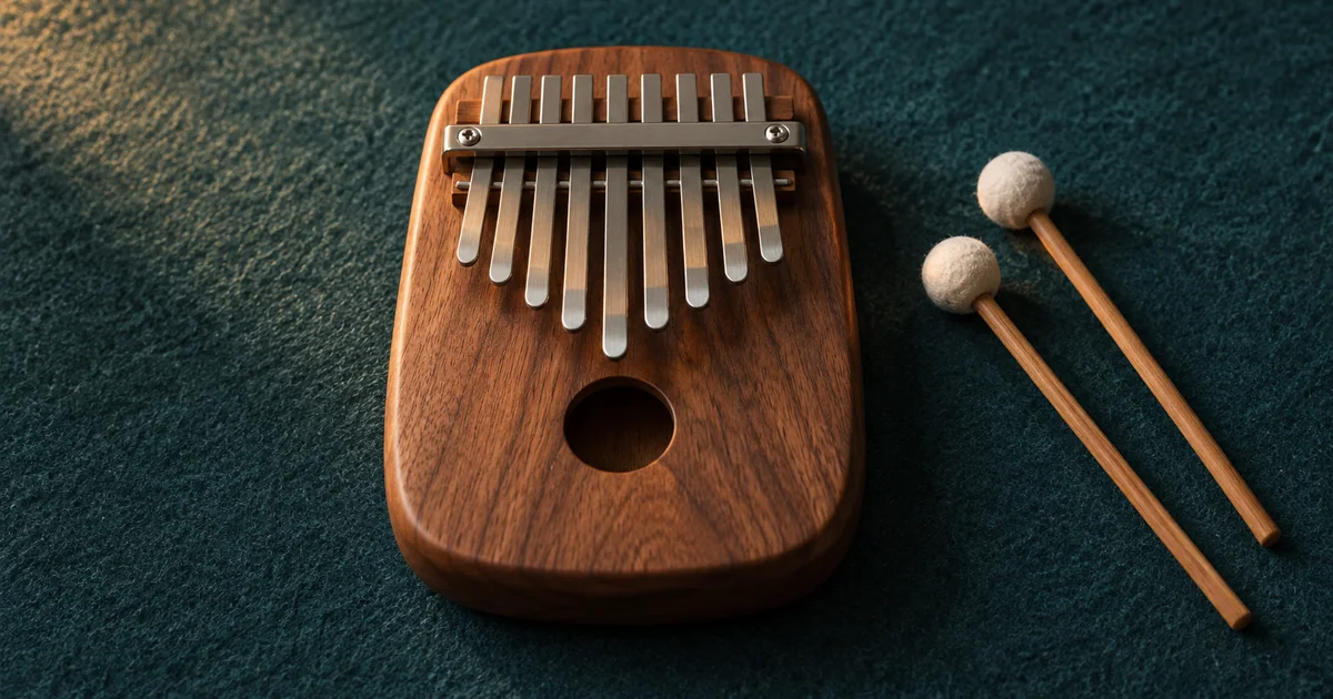 A small wooden kalimba with a few prominent metal tines rests beside felt mallets in a softly lit sound studio