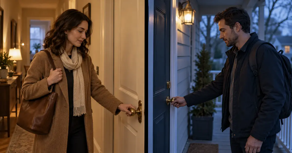 Two cinematic panels show separate people reaching door handles in a warm hallway and a cool porch