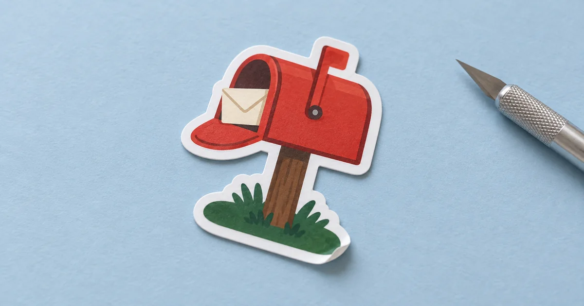 A single die-cut sticker depicting a red mailbox lies on pale blue backing paper beside a craft tool