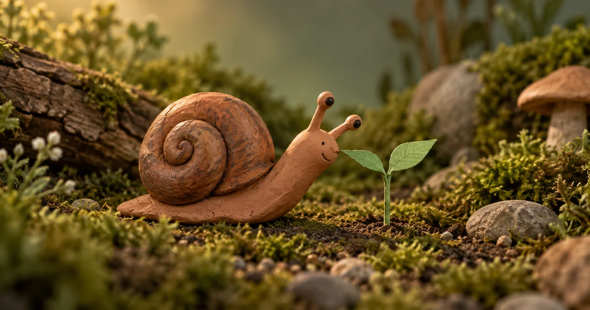 One handmade terracotta clay snail reaches toward a tiny paper seedling on a miniature moss set