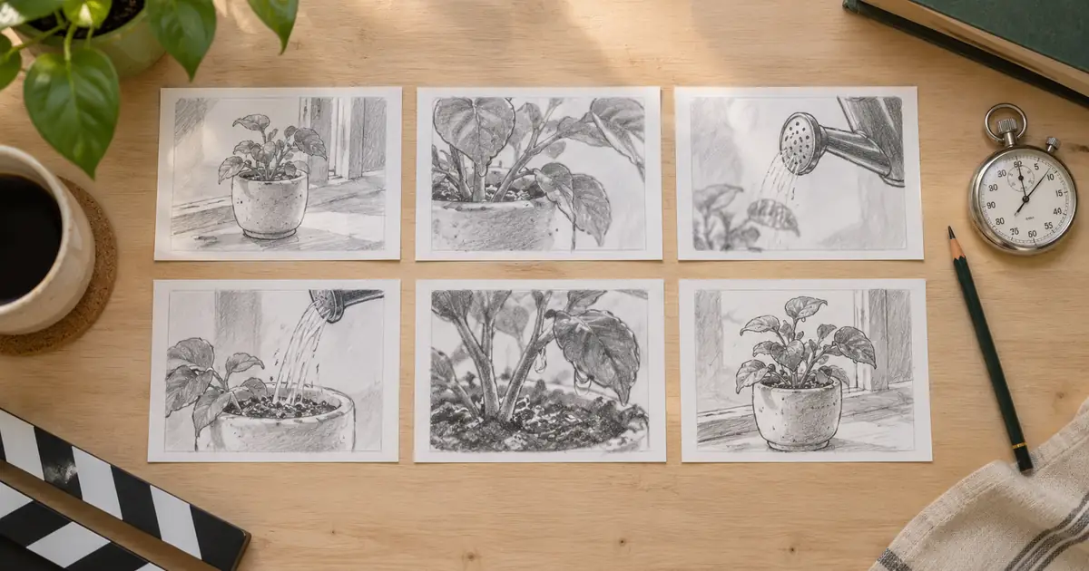 AI-generated editorial illustration of six pencil storyboard cards for a plant-care video beside a stopwatch