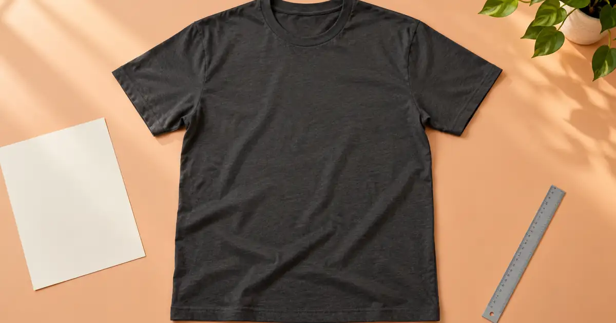 Charcoal T-shirt laid flat beside a blank art card and a ruler on a peach surface
