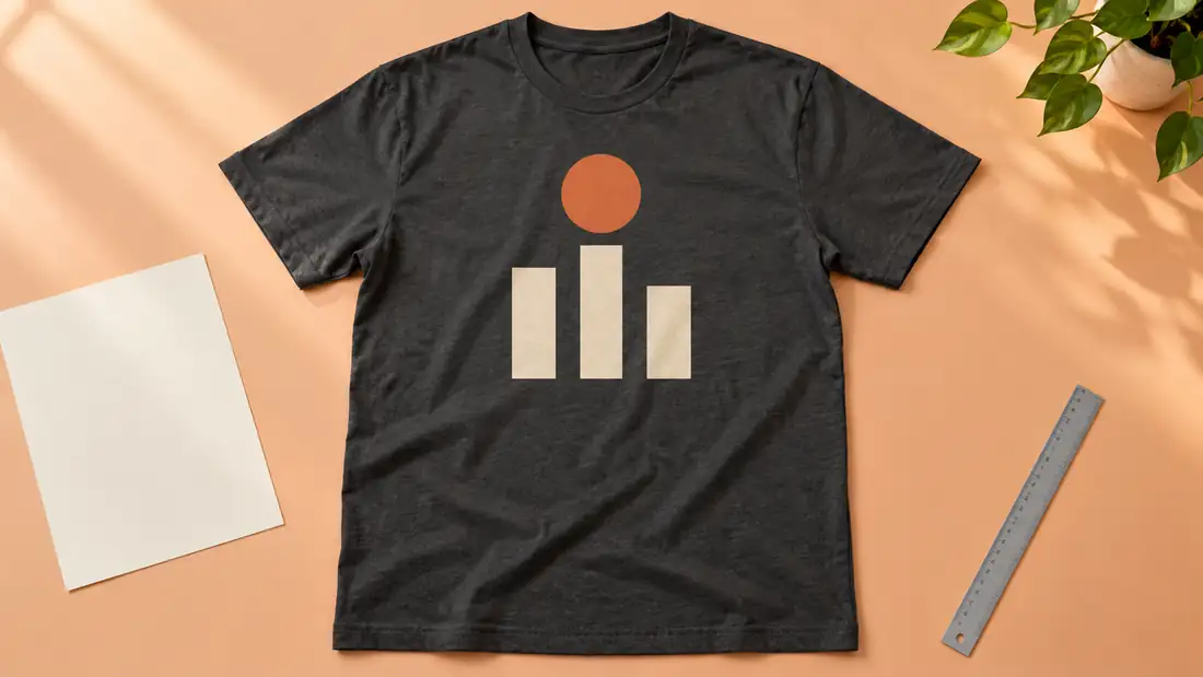 AI-generated charcoal shirt mockup carrying an orange circle and three cream bars on the upper front