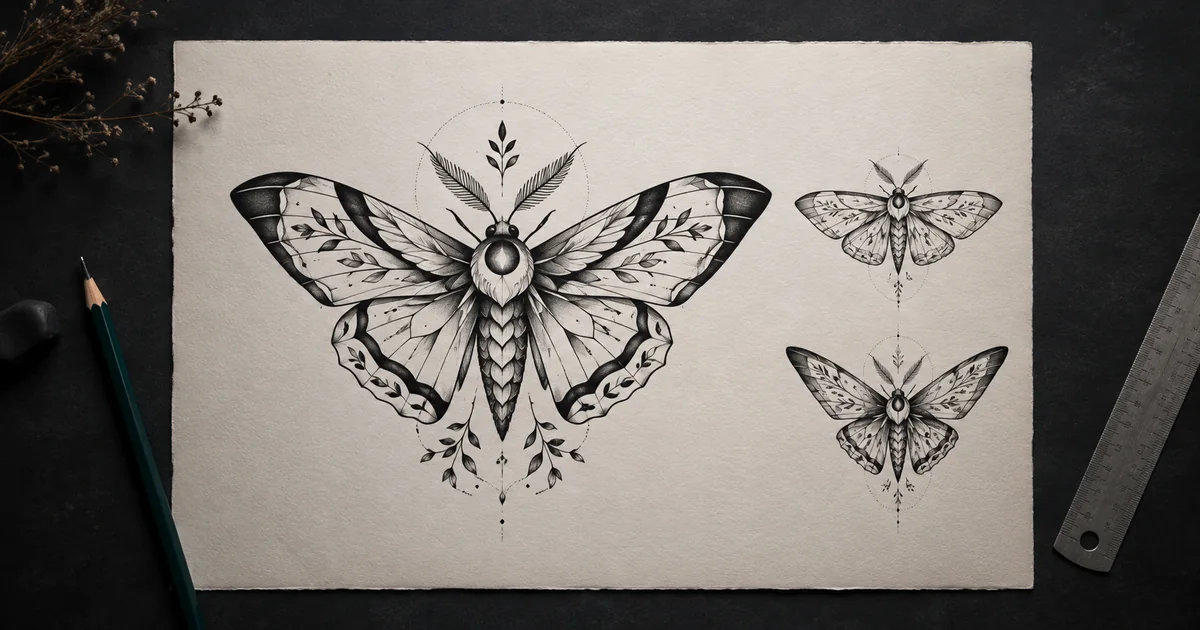 Original blackwork moth tattoo concept shown as a clean design sheet with controlled line variations