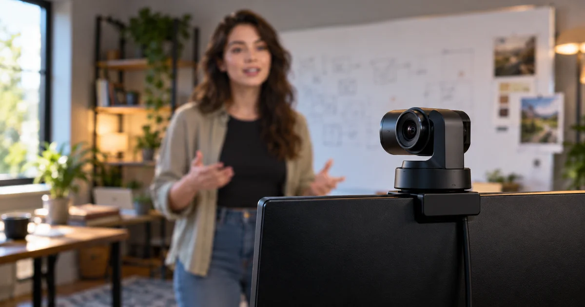 A compact motorized webcam on a monitor in a naturally lit home presentation studio