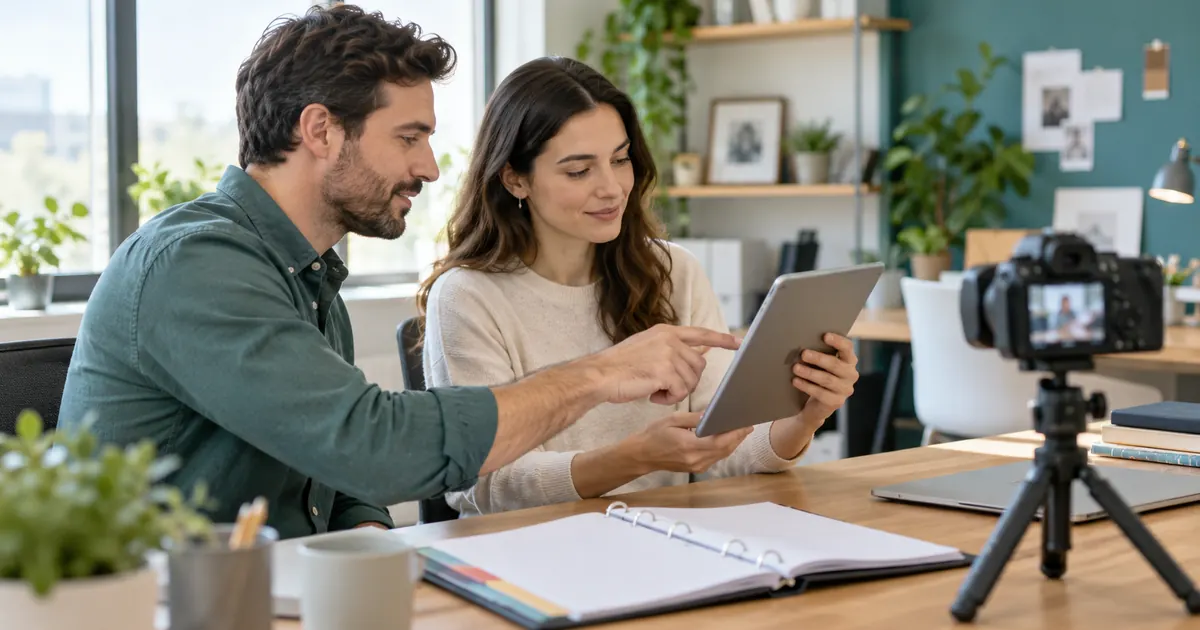 AI-generated editorial image of two coworkers reviewing a tablet beside a camera and training binder