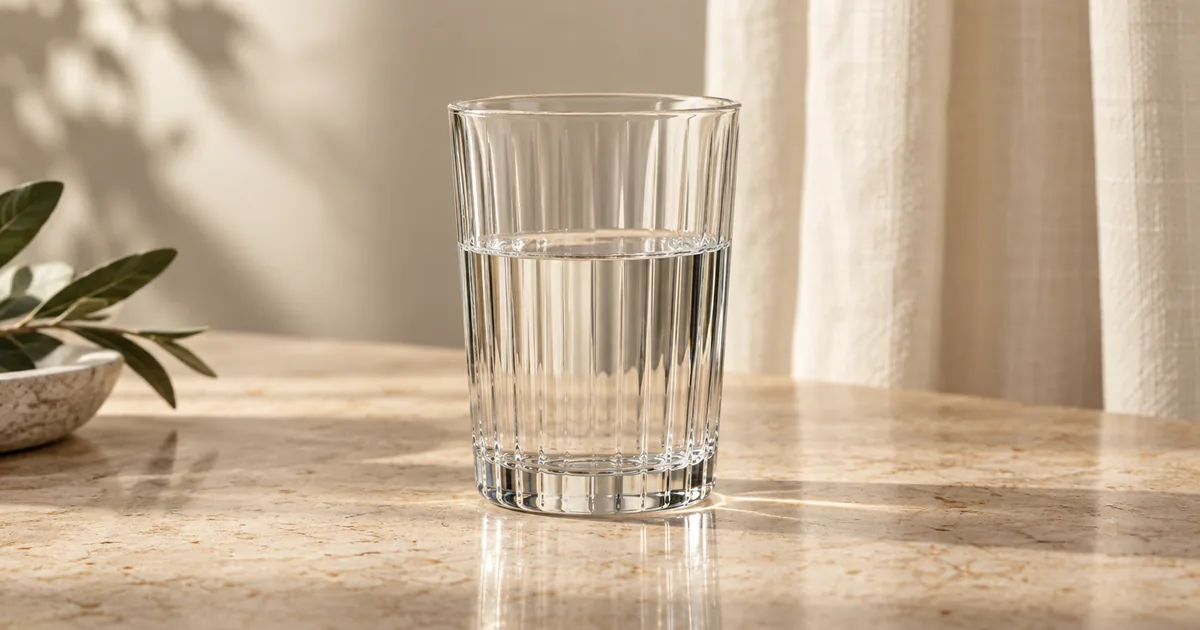 A clear ribbed drinking glass half filled with water on pale stone beside a soft curtain