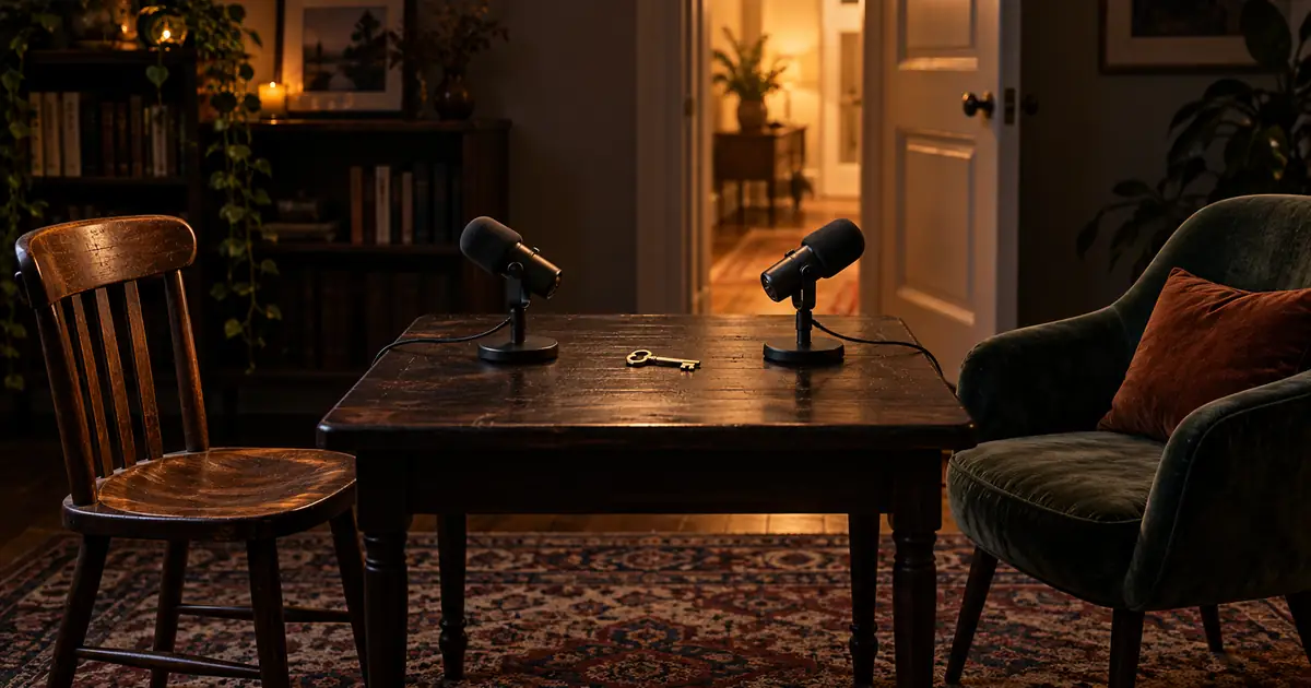 Two empty chairs face each other across a small table with two microphones and a brass key, suggesting a recorded dialogue scene