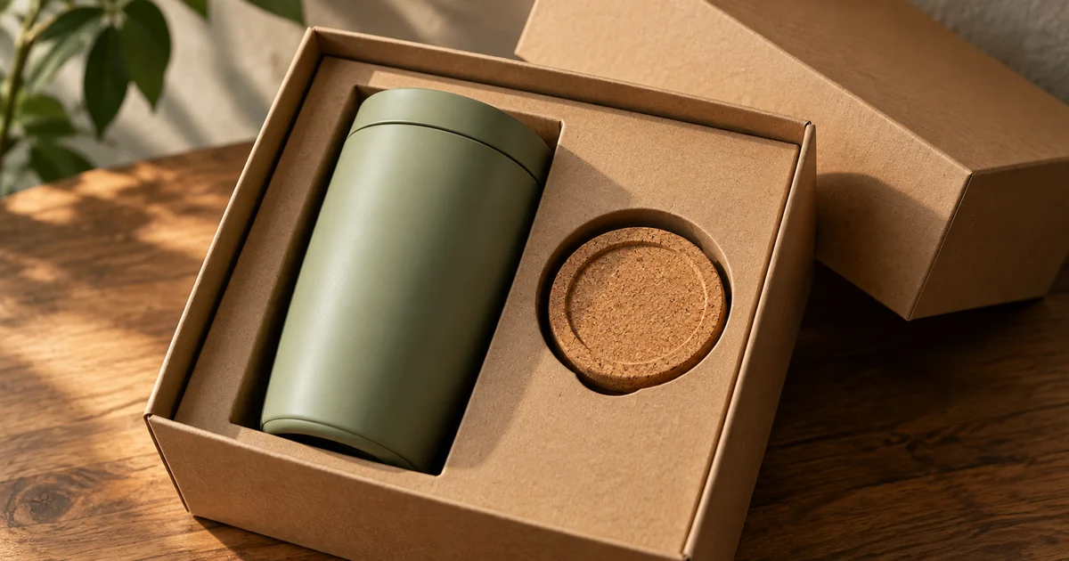 A sage travel mug and cork lid fitted into a kraft box insert for a product reveal