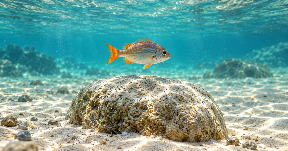 A single small orange-finned fish swimming above a rock in clear shallow turquoise water with sunlight patterns