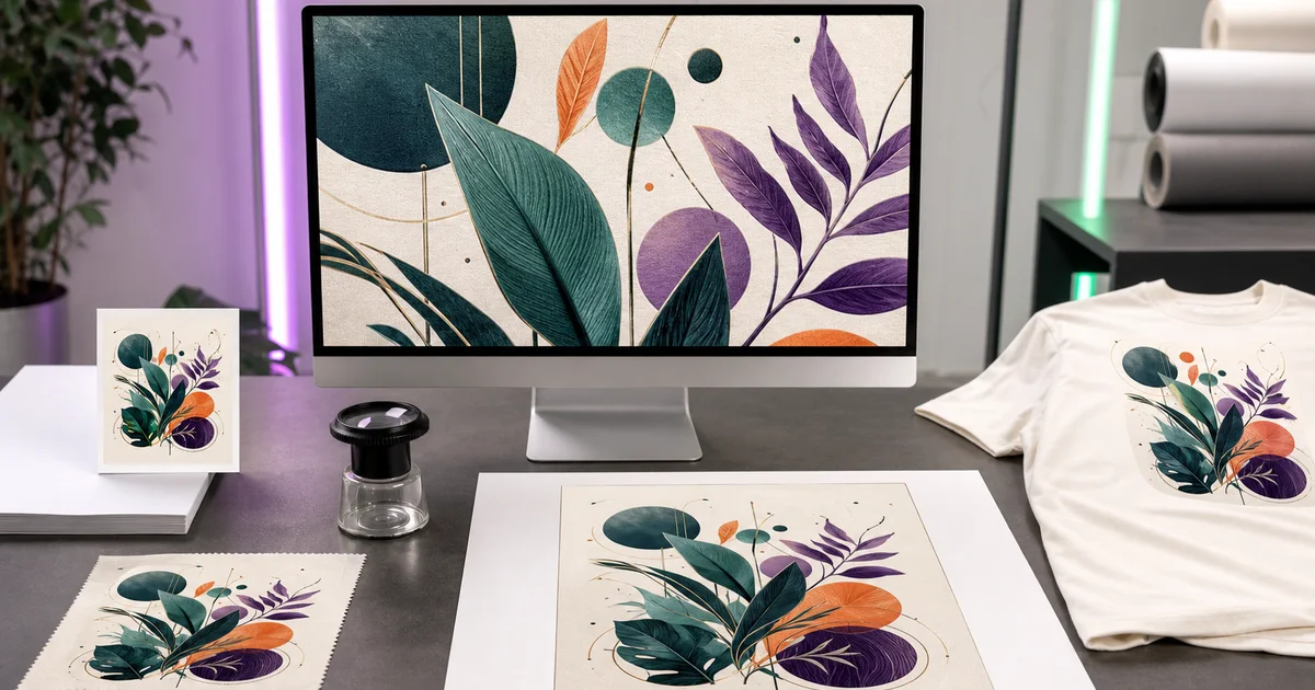 Botanical artwork enlarged on a monitor and checked across paper, fabric, and garment print samples