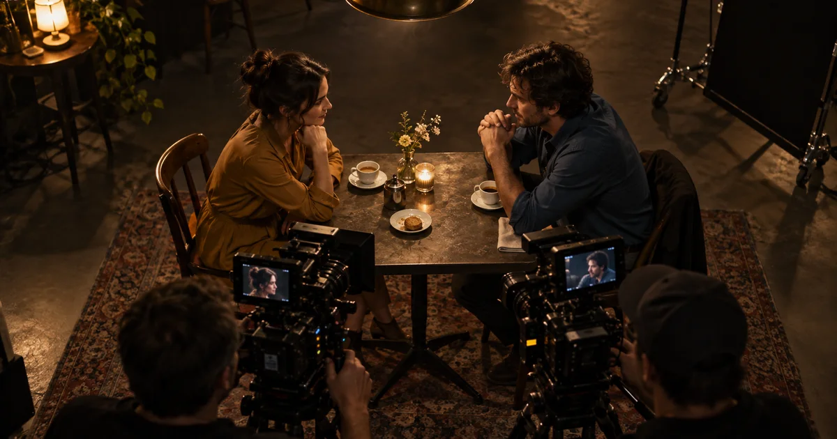 Two actors face across a cafe table while cameras stay on one side of their conversation