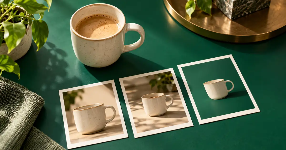A cream mug on an emerald surface beside three scene cards illustrating a simple final composition