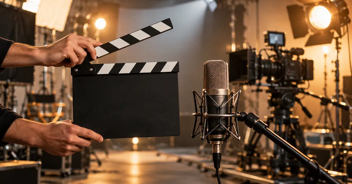 Blank clapperboard and microphone on a film set for comparing visible events with recorded sound