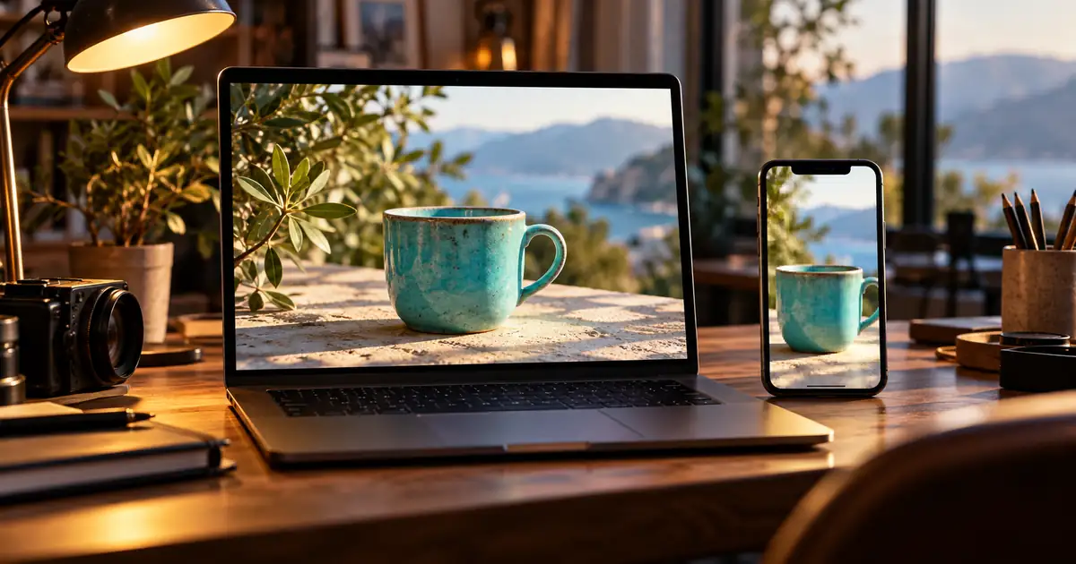 Laptop and phone showing a turquoise mug video with clearer desktop detail and blockier phone playback