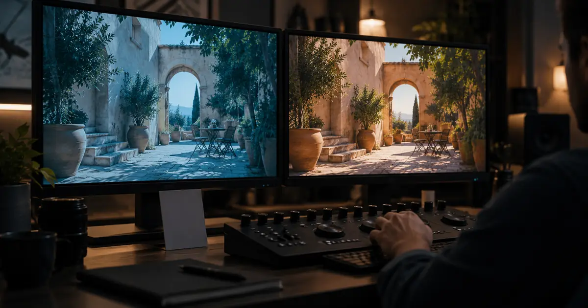 Two editing displays showing cool and warm versions of a courtyard beside a neutral gray card