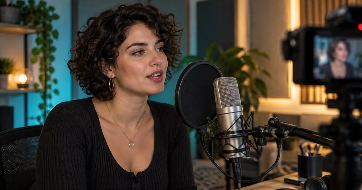 Fictional voice performer speaking into a studio microphone while a camera records her face.
