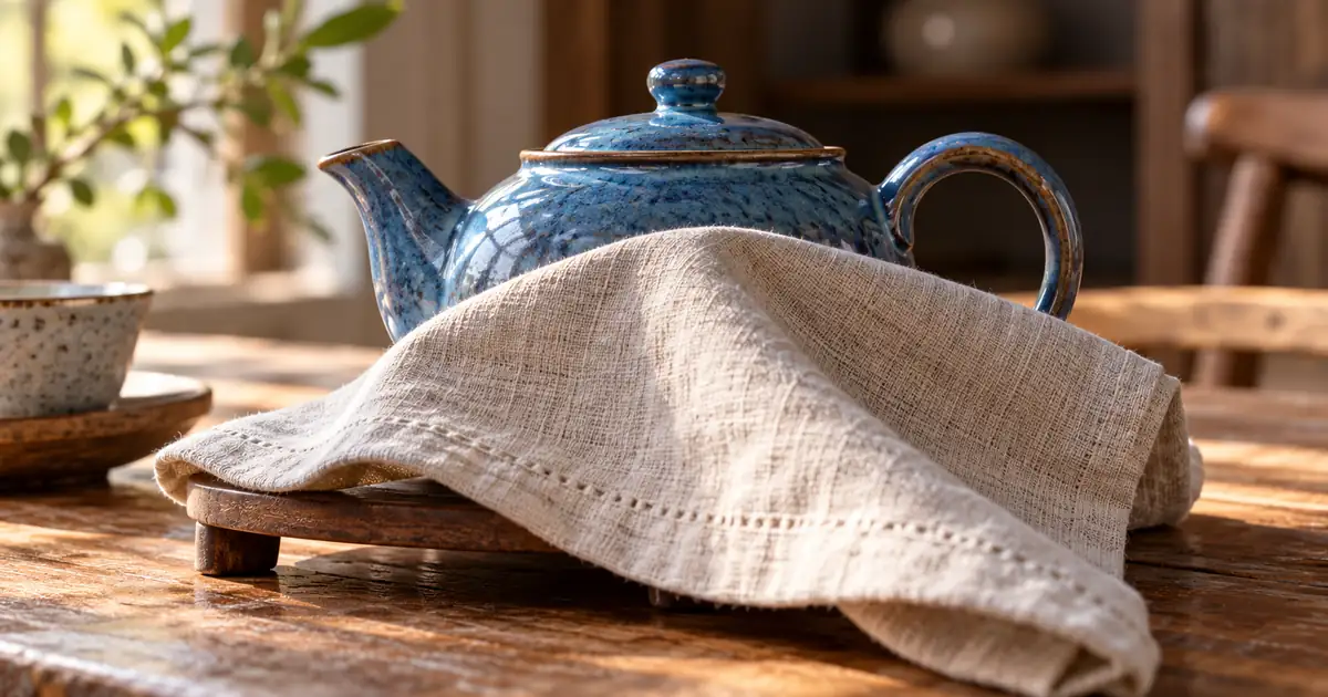 Blue teapot partly hidden behind folded linen with its lid, handle and spout still visible