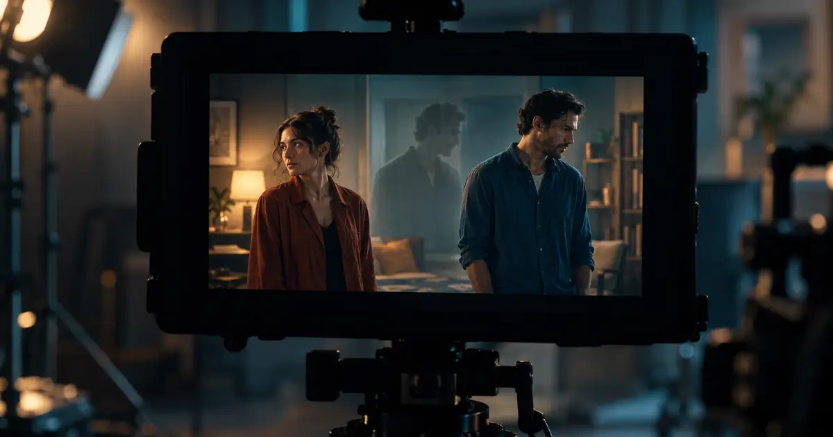 Camera monitor showing two separated actors and a faint third silhouette representing an unwanted duplicate