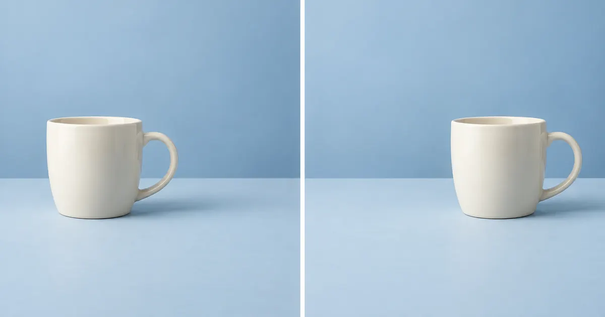 Conceptual start and end views: a cream cup appears toward the left, then toward the right of a blue tabletop.
