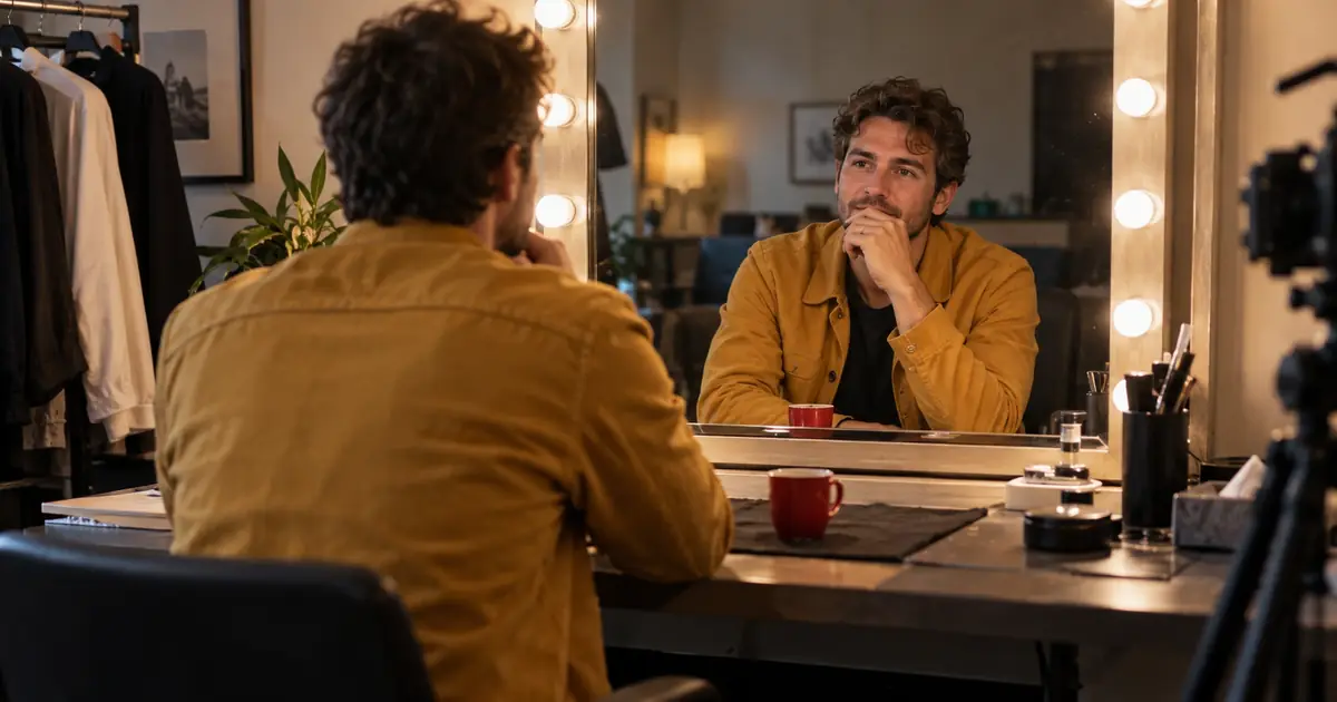 Person in a mustard jacket facing a dressing mirror with a matching reflection and a red cup on the counter