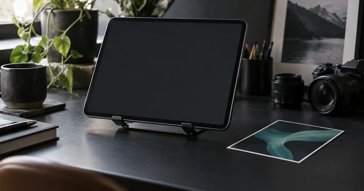 Tablet on a stand with a blank charcoal screen and all four corners visible on a softly lit editing desk