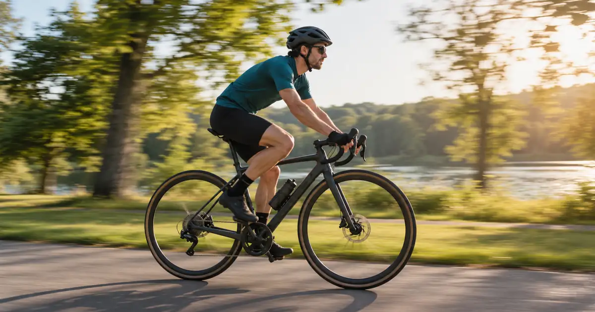 Helmeted cyclist passing along a park path with a clear body silhouette and slight wheel motion blur