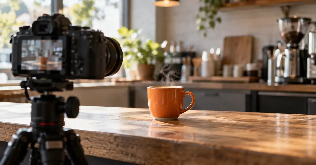 Camera on a tripod aimed at an orange ceramic mug on a quiet kitchen counter