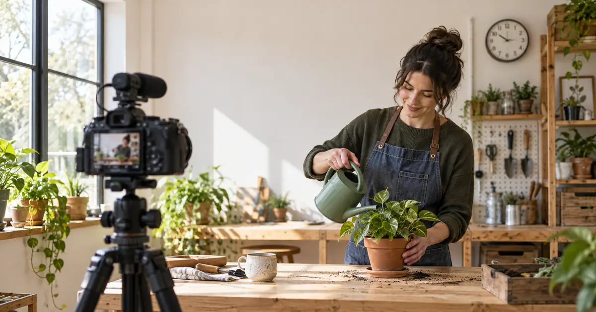 A camera on a tripod filming a person watering a plant in a workshop with fixed window and shelf landmarks