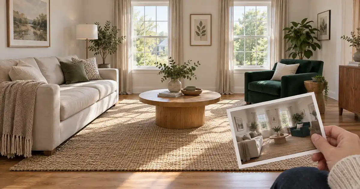 A furnished living room with a matching reference photograph held in the foreground for a continuity check