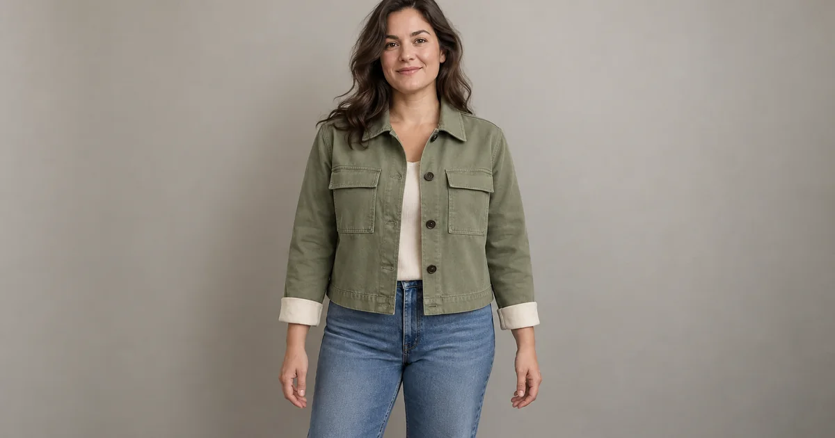 A woman wears a sage utility jacket with visible chest pockets, buttons, cuffs and hem against a plain fitting-room wall