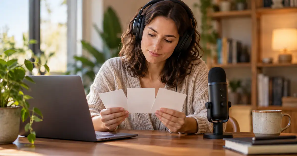 Woman wearing headphones reviewing three blank sample cards beside a desk microphone