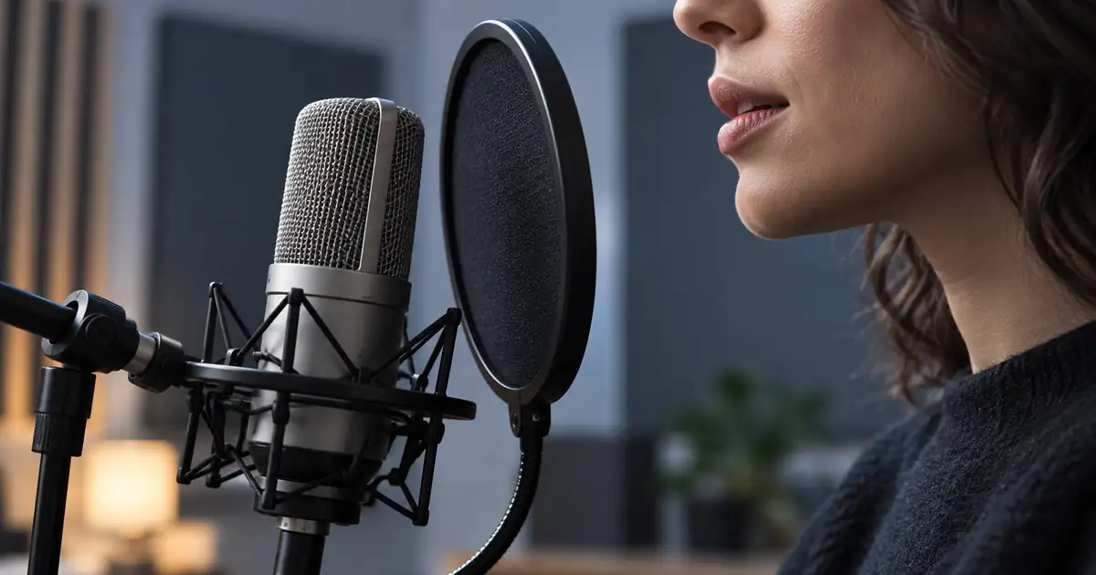 Side profile of a speaker behind a microphone pop filter, illustrating breath and consonant review