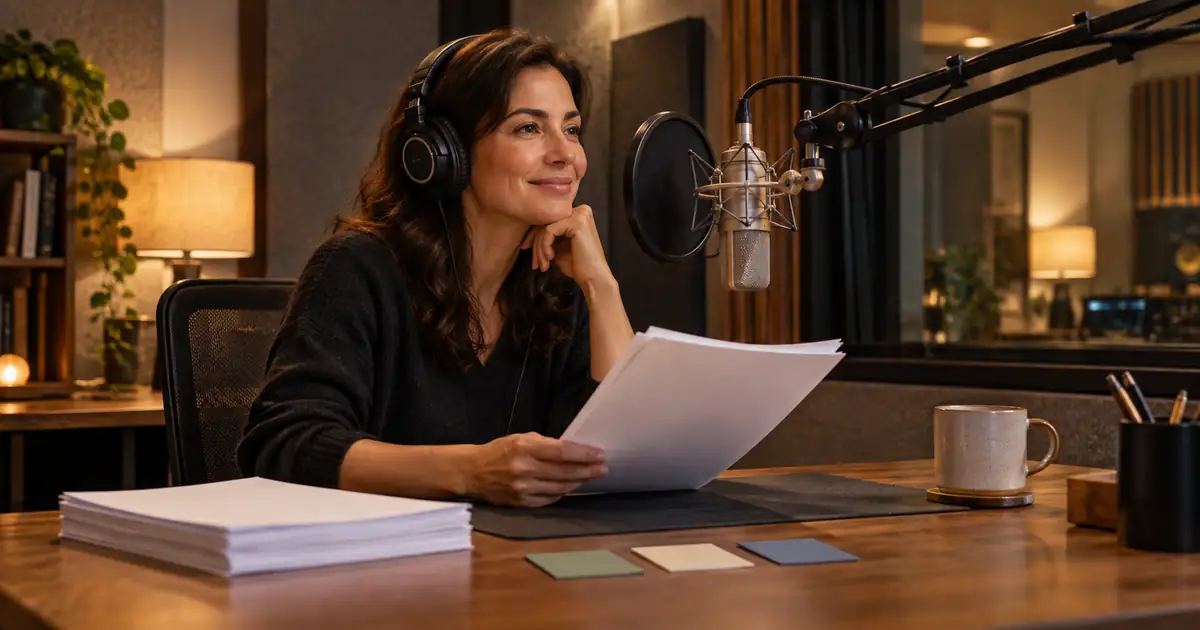 Narrator wearing headphones beside a microphone and script pages in a warm recording booth