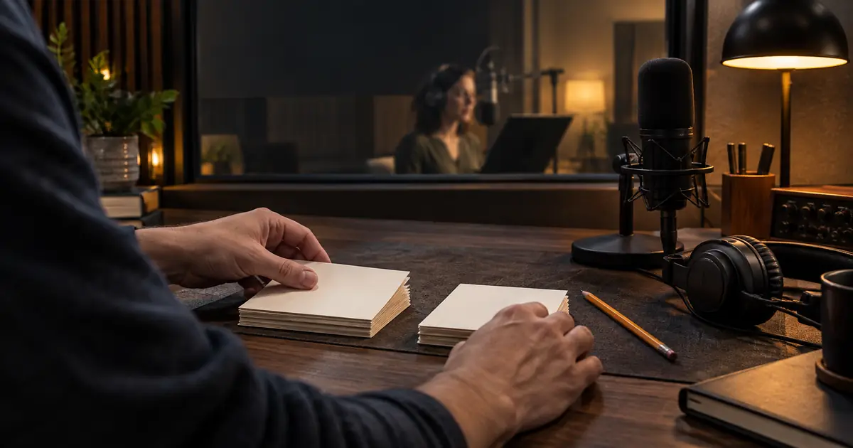 A producer separating blank script cards beside a microphone while a narrator sits behind studio glass