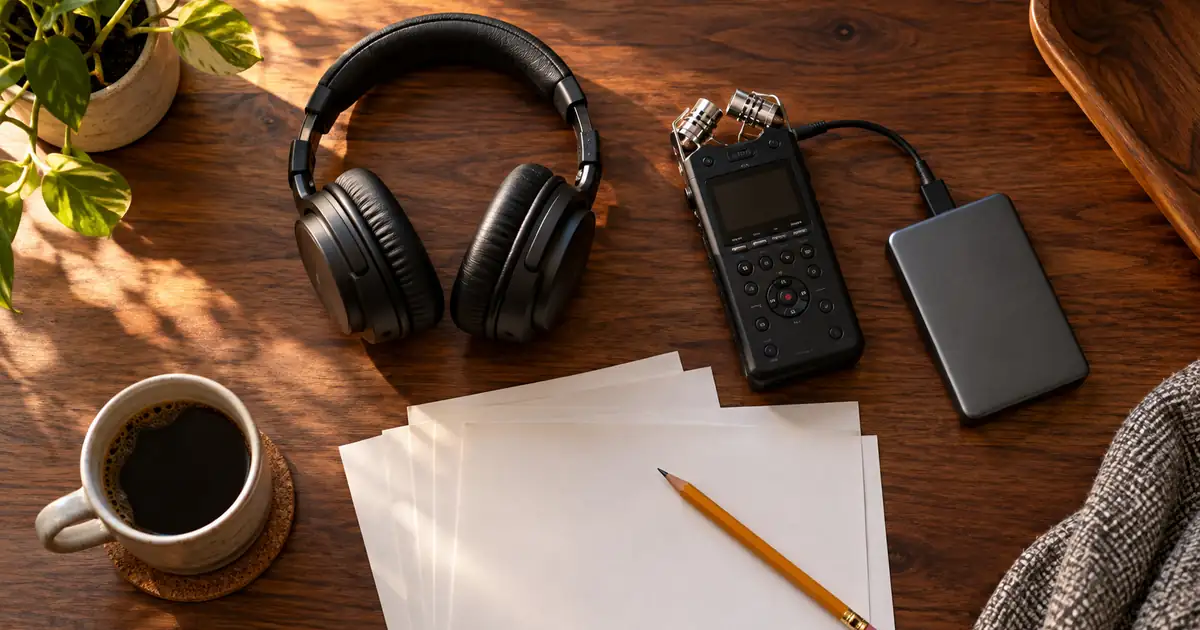 Headphones, audio recorder, portable drive and blank delivery notes arranged neatly on an editing desk