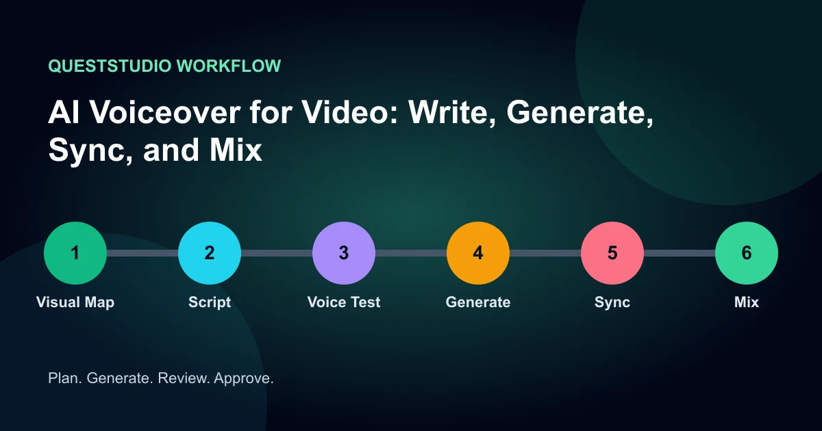 AI Voiceover for Video: Write, Generate, Sync, and Mix workflow infographic