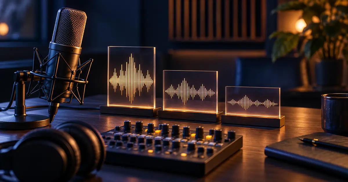 A studio microphone beside three abstract waveform strips and a small audio mixing console
