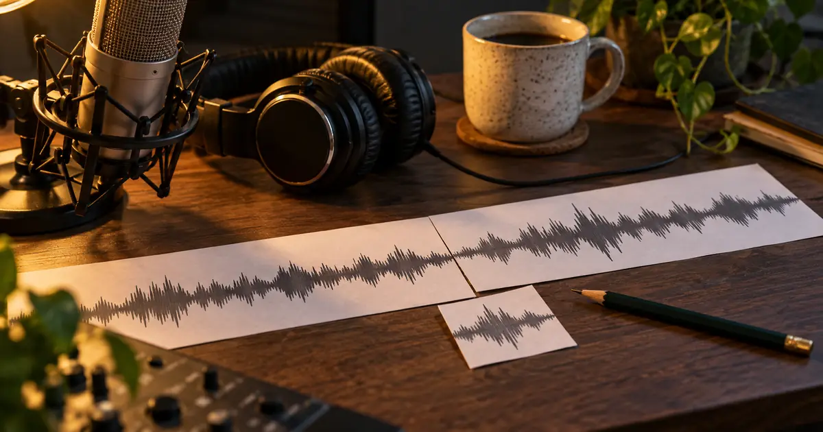 Microphone and headphones beside paper waveforms with a separate replacement segment