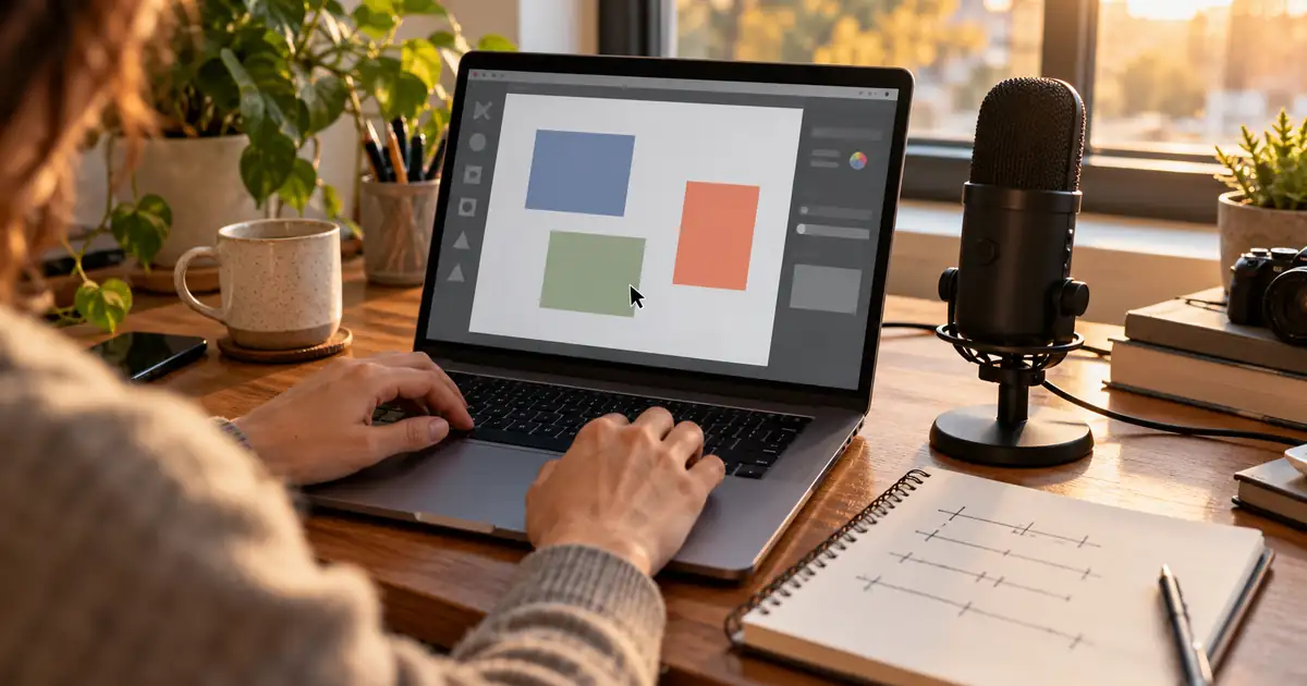 A laptop with simple abstract panels, a microphone and a hand at the keyboard