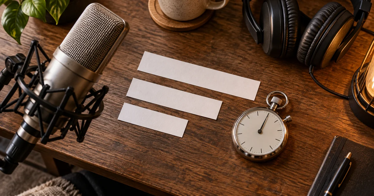 A recording microphone, three blank script strips, headphones, and an analog stopwatch on a desk
