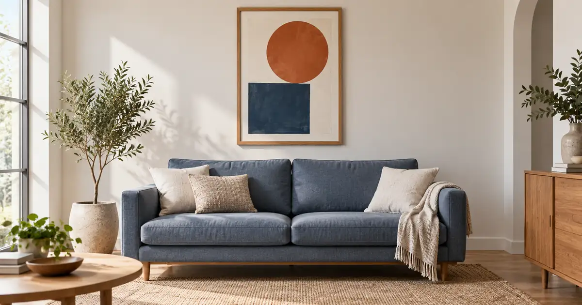 Oak-framed geometric artwork above a blue-gray sofa in a bright living room