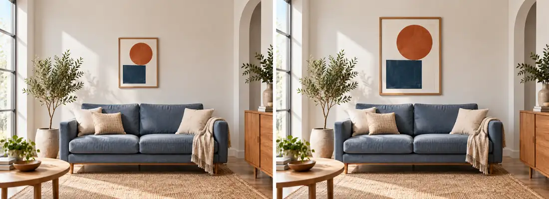Two generated views of geometric artwork above a sofa, with a visibly smaller frame at left and larger frame at right