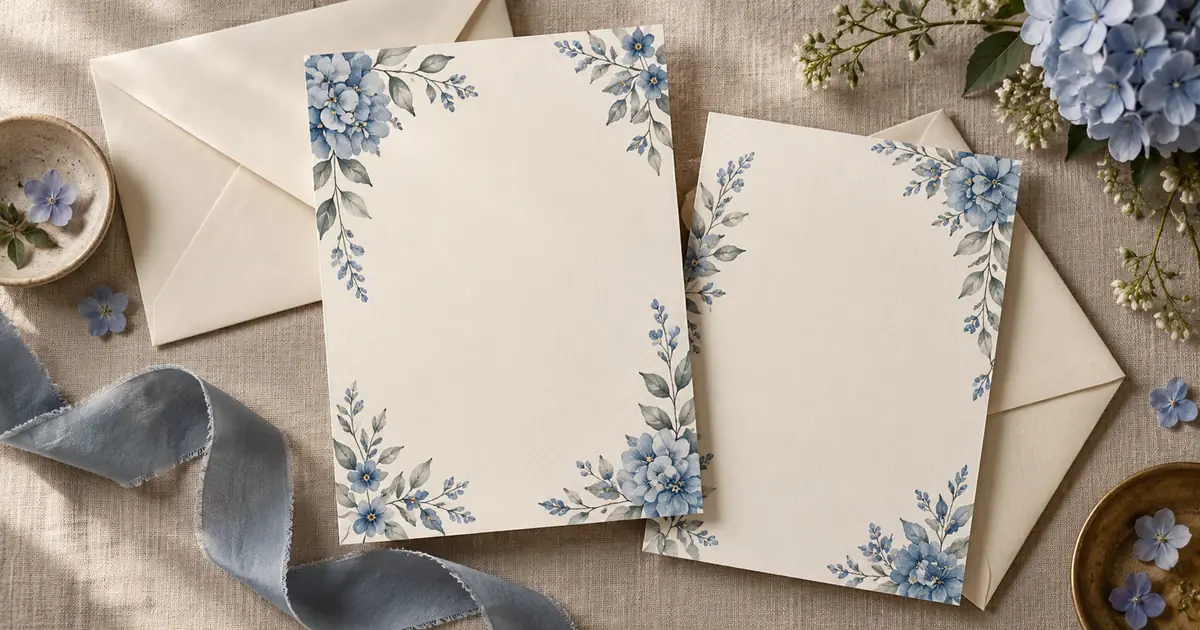 Blank cream invitation cards with blue botanical borders, envelopes and ribbon on linen