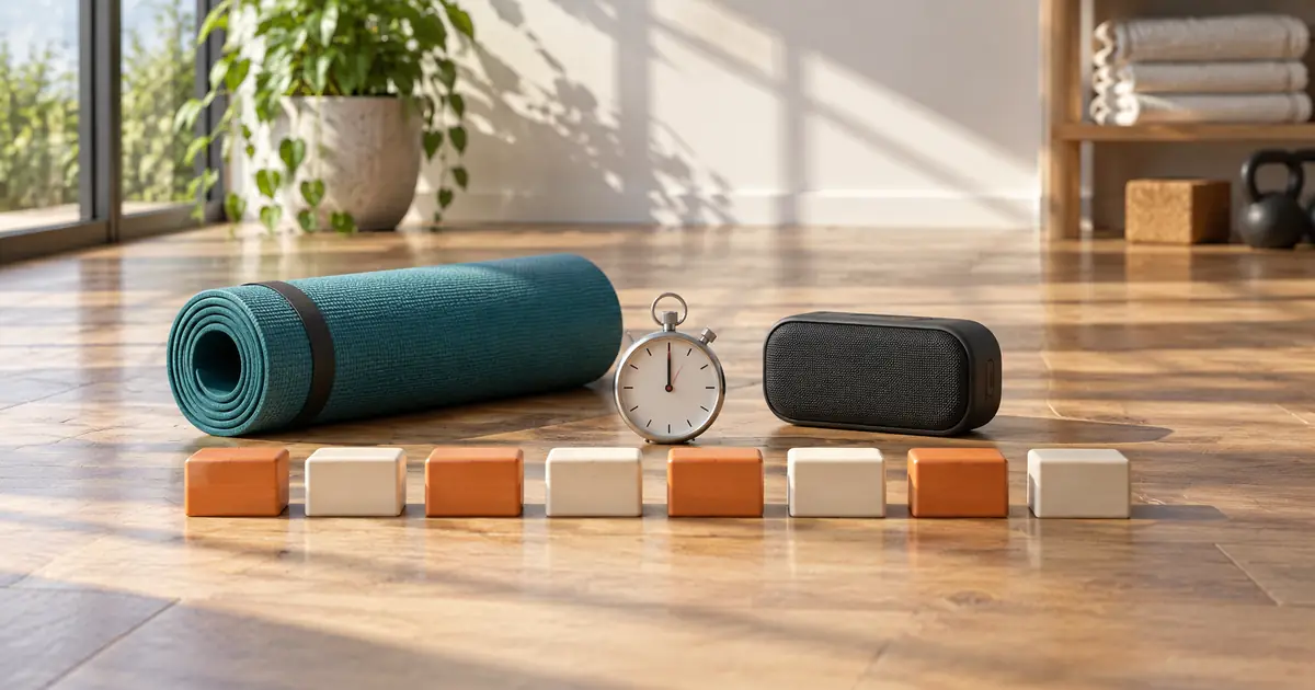 Teal exercise mat, compact speaker, analog stopwatch and alternating orange and cream cue blocks on a studio floor