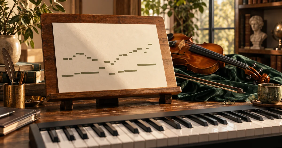 A piano keyboard, simple piano-roll note pattern, and violin sit on a sunlit composer desk