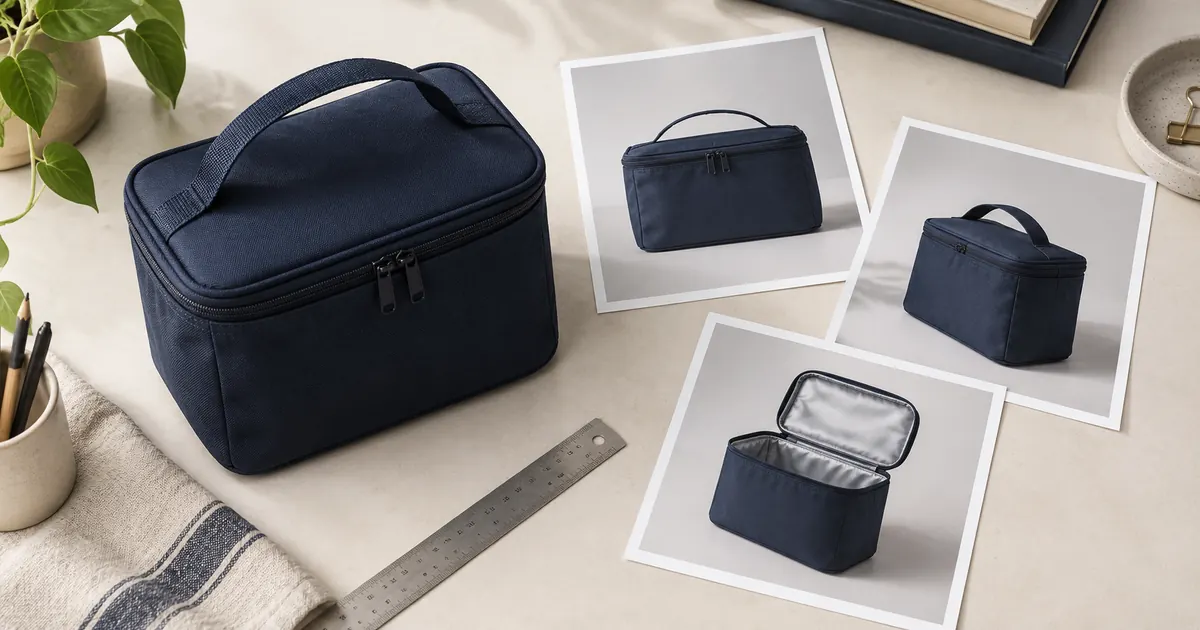 AI-generated editorial scene of a navy lunch bag, ruler and product photographs on a studio workbench